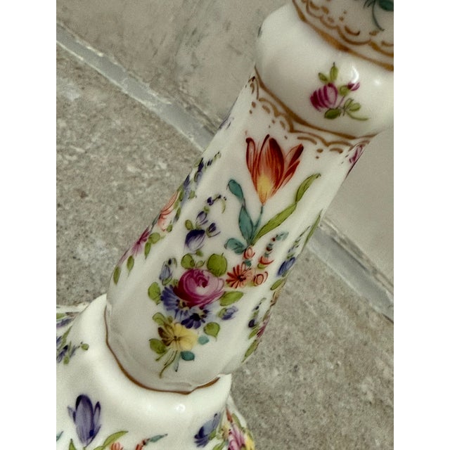 White Dresden, Germany Hand Painted Floral With Gold Accents Porcelain Candlestick For Sale - Image 8 of 12