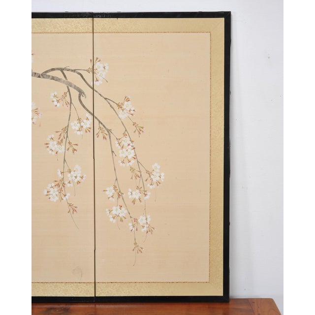Beige Japanese Showa Four Panel Screen Flowering Cherry Blossom For Sale - Image 8 of 18