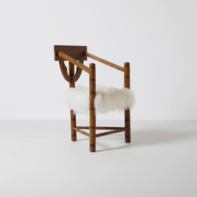 Hand Carved Monk Chair in Ivory Mongolian Sheepskin, 1960s For Sale - Image 4 of 7