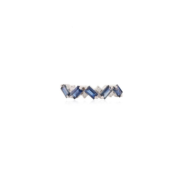 Minimalism Baguette Blue Sapphire & Diamond Geometric Half Eternity Band Size 5 in 14k Gold For Sale - Image 3 of 13
