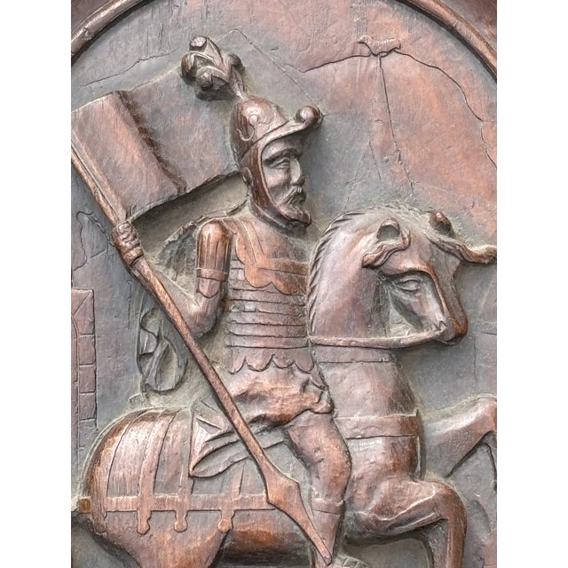 English Early 20th C. Heavy Cast Resin Bas Relief Plaque - Templar Knight on Horseback For Sale - Image 3 of 8