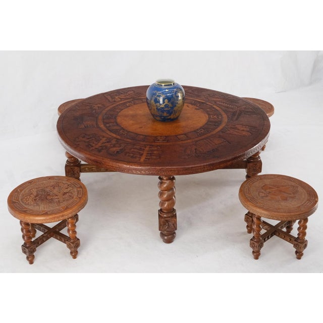 Mid-Century Modern Mid 20th Century Embossed Leather South American Coffee Table 4 Nesting Stools Chairs For Sale - Image 3 of 18