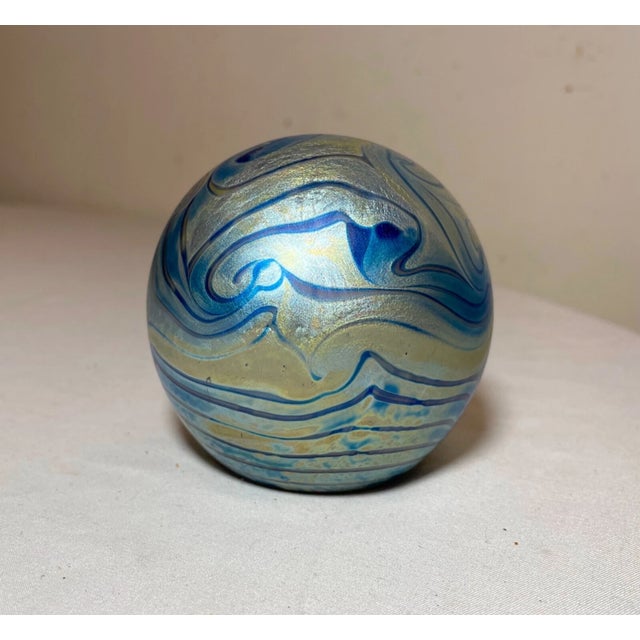 Vintage Hand Blown Aurene Iridescent Sphere Shaped Studio Art Glass Paperweight For Sale - Image 10 of 12