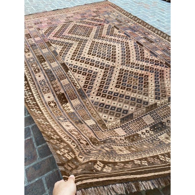 Handwoven Maimana Ghalmori Kilim Rug in Brown, Blue and Rose, 9.6 X 13.6 Ft For Sale - Image 11 of 12