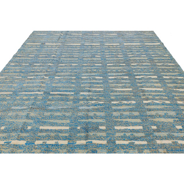 Textile 9 X 13 Modern Moroccan Style Wool Rug in Blue Featuring Geometric Design For Sale - Image 7 of 9