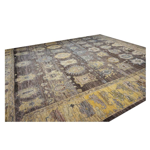 Turkish 21st Century Turkish Oushak Wool 19x20 Charcoal, Yellow & Blue Oversized Handmade Area Rug #1144068 For Sale - Image 3 of 18