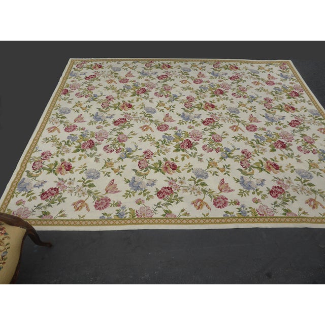 Vintage French Provincial Needlepoint Tapestry Off White Floral Area