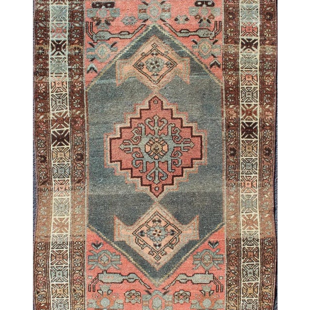 Tribal Antique Persian Hamadan Rug With Geometric Medallion in Pink and Blue-Gray For Sale - Image 3 of 13
