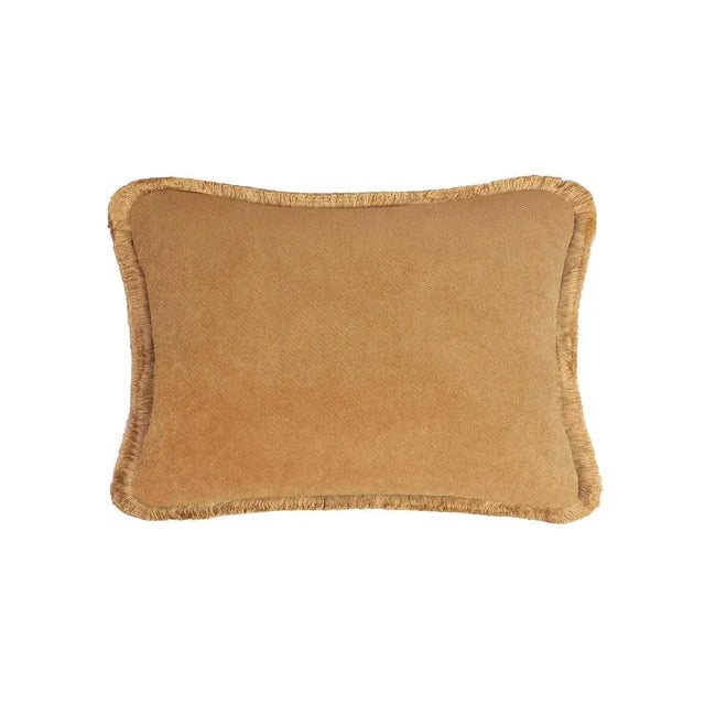 Happy Pillow Camel Velvet with Fringes from Lo Decor For Sale - Image 4 of 4