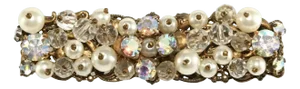Vintage Bar Pin Brooch With Faux Pearls & Iridescent Rhinestones