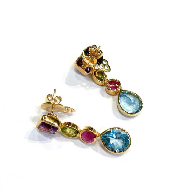 Purple Bochic “Orient” Vintage Amethyst, Peridot, Ruby & Topaz Earrings Set 18K Gold For Sale - Image 8 of 11