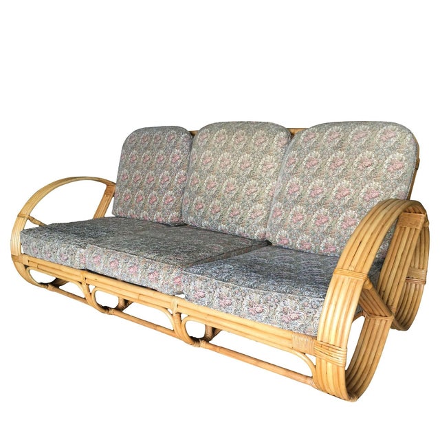1940s Restored Five-Strand Round Full Pretzel Rattan Sofa & Lounge Living Room, 4 Pieces For Sale - Image 4 of 15