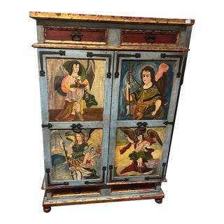 Antique Blue Arc Angle Painted Armoire For Sale
