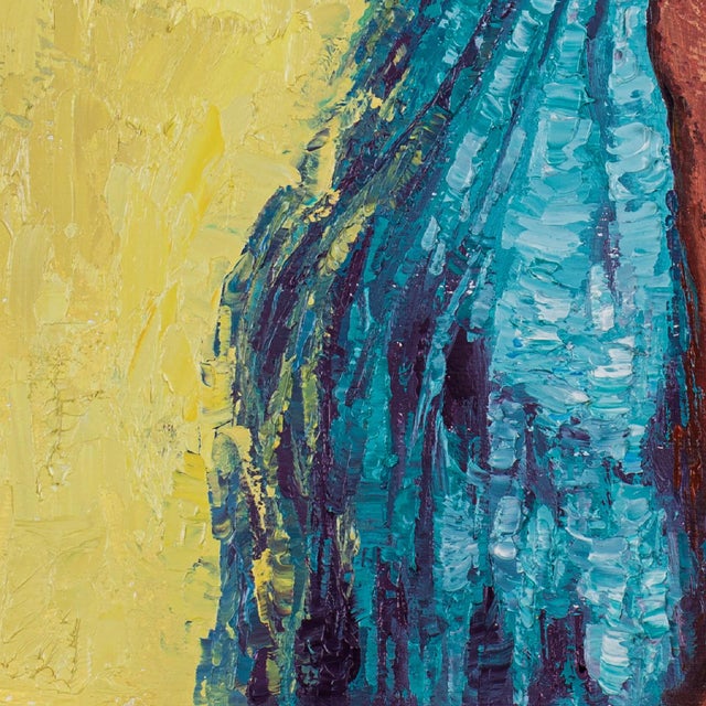 Quiet Reflection by Dominic Harman | Oil On Board Portrait of a woman in profile with a yellow background For Sale - Image 4 of 4