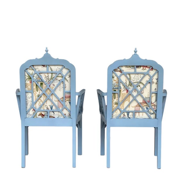 1980s Pair Newly Upholstered Blue Chinese Chippendale Chairs in Schumacher Tientsin Toile For Sale - Image 6 of 17