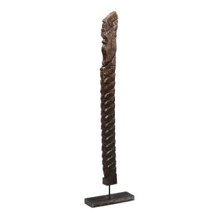 1950s Corbel 44” Tall Hand Carved Wooden Sculpture on Metal Display Stand | Rustic Farmhouse Architectural Salvage Floor Decor Piece For Sale