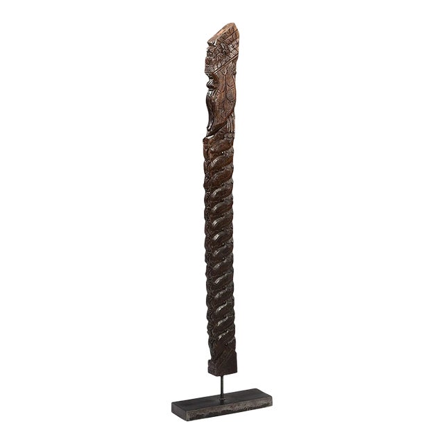 1950s Corbel 47" Tall Hand Carved Wooden Sculpture on Metal Display Stand | Rustic Farmhouse Architectural Salvage Floor Decor Piece For Sale