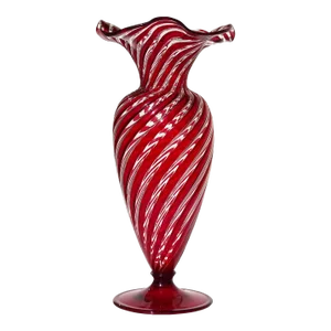 Murano AVeM Vintage Swirling Ruby Red Clear Stripes Italian Art Glass Ruffle Rim Footed Flower Vase