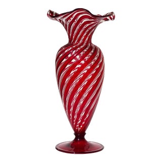 Vintage Murano AVeM Swirling Ruby Red Clear Stripes Italian Art Glass Ruffle Rim Footed Flower Vase For Sale