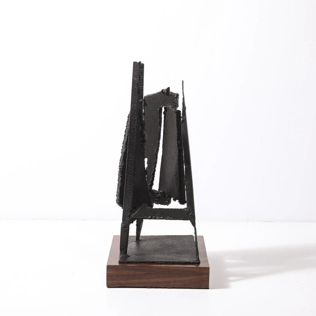 Mid-Century Torch Cut Steel Brutalist Sculpture on Walnut Signed John Balossi For Sale - Image 4 of 13
