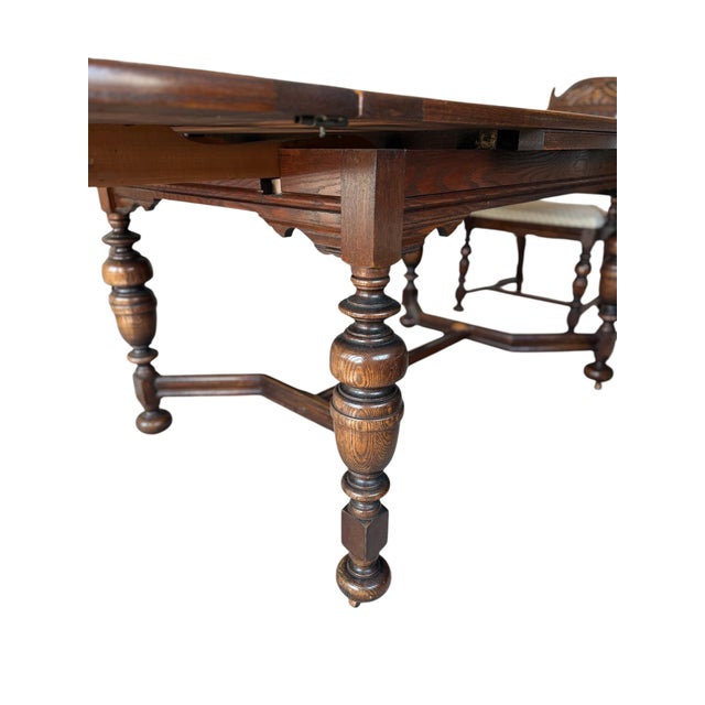 Wood Vintage 1930s Bernhardt Jacobean Dining Table & 6 Chairs, Original, Professionally Reupholstered - Set of 7 For Sale - Image 7 of 18