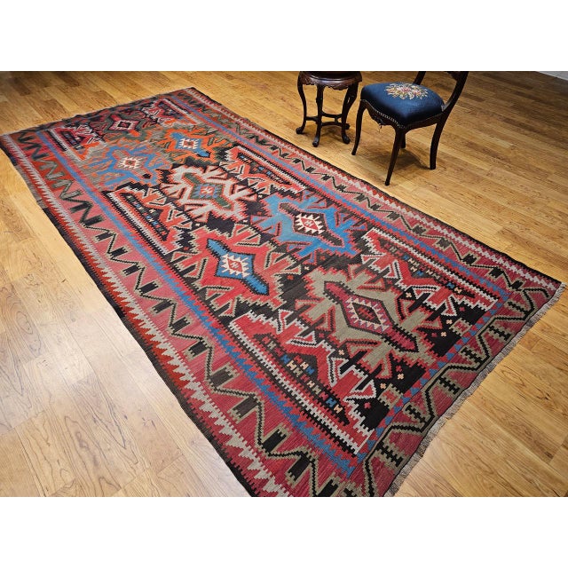 Antique Caucasian Kazak Kilim, Handwoven Wool, Geometric Design, Terracotta & Turquoise, 6x11 For Sale - Image 12 of 18