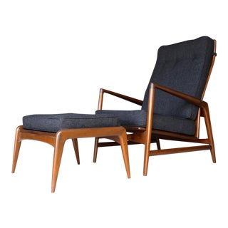 Ib Kofod Larsen for Selig Reupholstered Danish Solid Walnut Reclining Chair & Ottoman For Sale