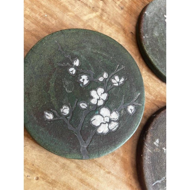 1970s Vintage Collection of Stone Asian Style Coasters With Floral Accents- Set of 3 For Sale - Image 5 of 6