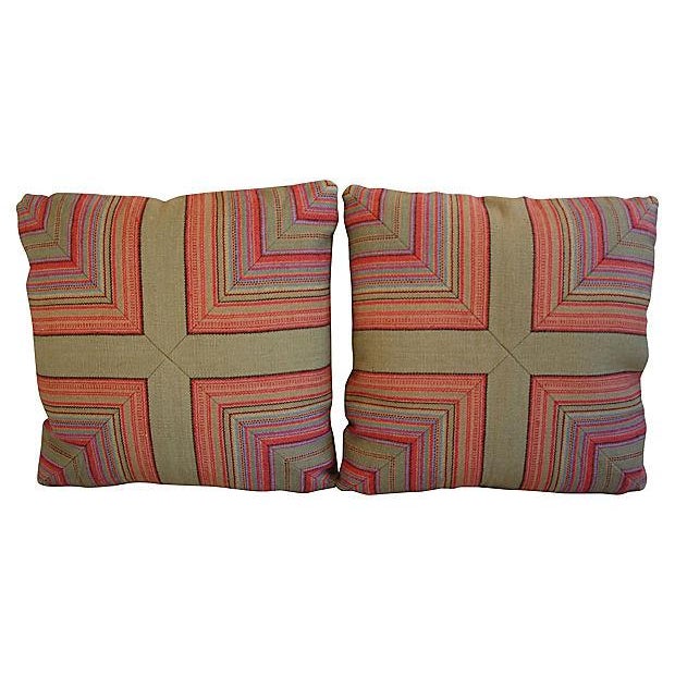 Custom Tailored Old World Weavers & Leather Feather/Down Pillows Pair