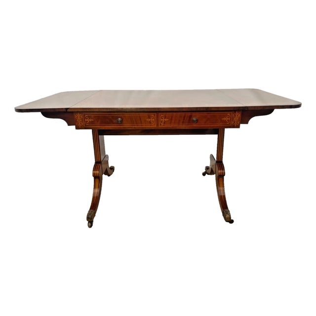 Antique Desk Serving Table Two Dovetail Drawers Drop Sides Banded Mahogany Inlay For Sale