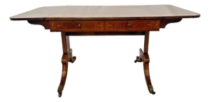 Antique Desk Serving Table Two Dovetail Drawers Drop Sides Banded Mahogany Inlay