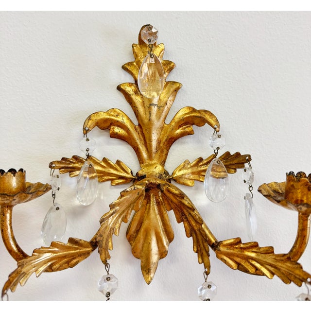 Vintage Hollywood Regency Style Italian Gilt Crystal Candle Wall Sconces, a Pair For Sale - Image 4 of 6
