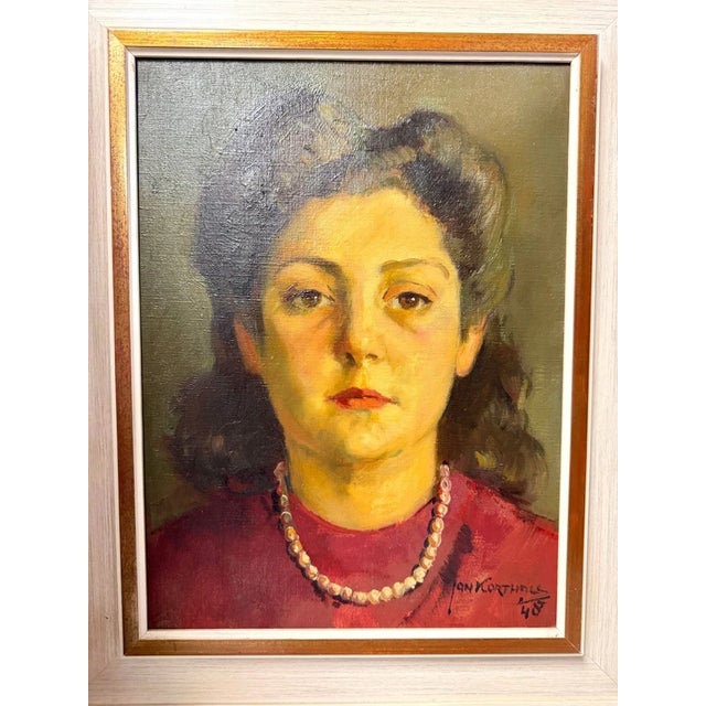 Portraiture 1948 Jan Korthals Dutch Portrait of a Woman Oil Painting For Sale - Image 3 of 7