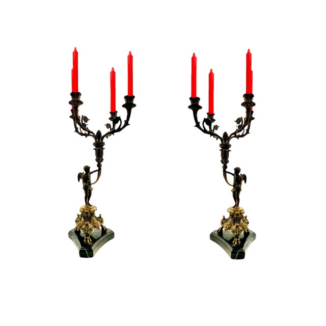 Traditional Late 20th Century Bronze Cherub Candelabra Pair on Marble Bases, Empire Style, 21.2"h For Sale - Image 3 of 10