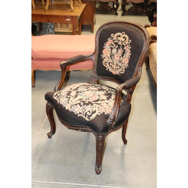 1940s French Louis XV Brown Needlepoint Armchair Circa 1940 For Sale - Image 5 of 13