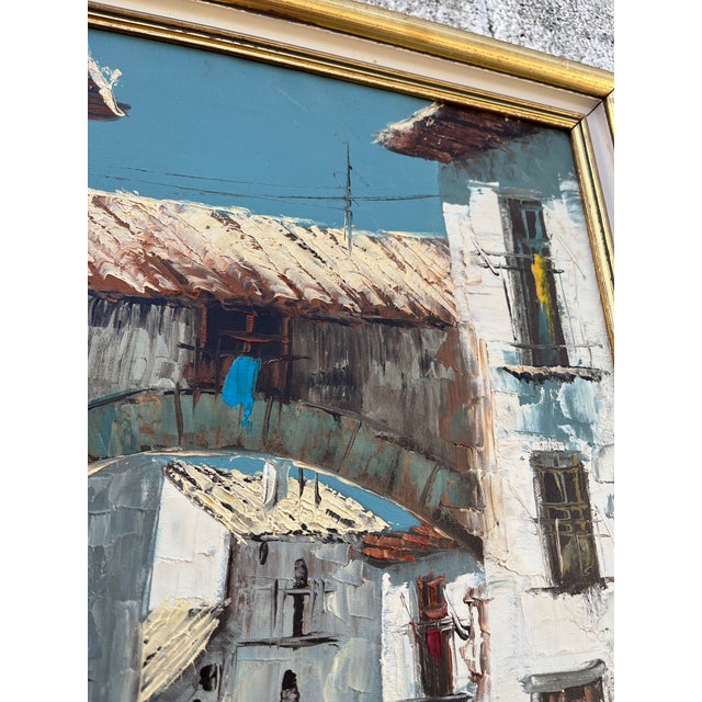 Wood Mid Century Architectural Landscape Oil Painting Framed and Signed by the Artist. Circa 1960s For Sale - Image 7 of 15
