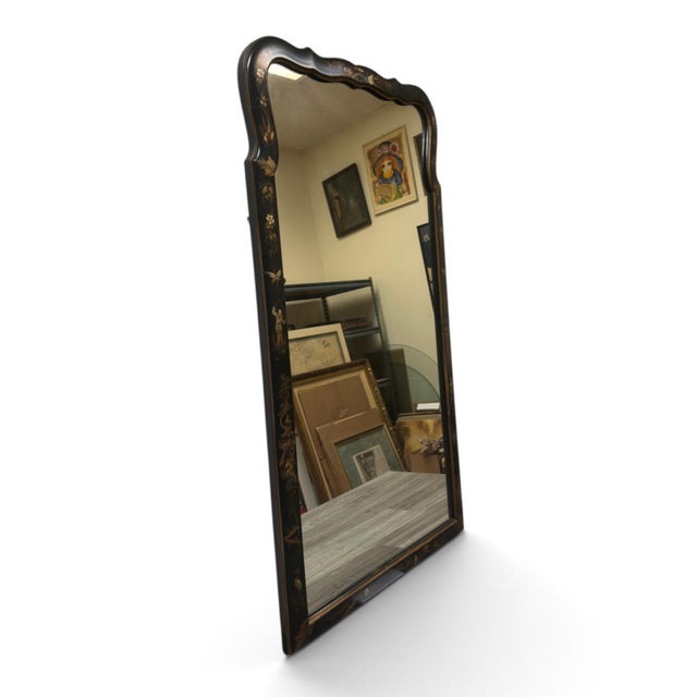 A vintage Chinoiserie style wall mirror that was sold by W&J Sloane, San Francisco, in 1974. Black wood frame with painted...