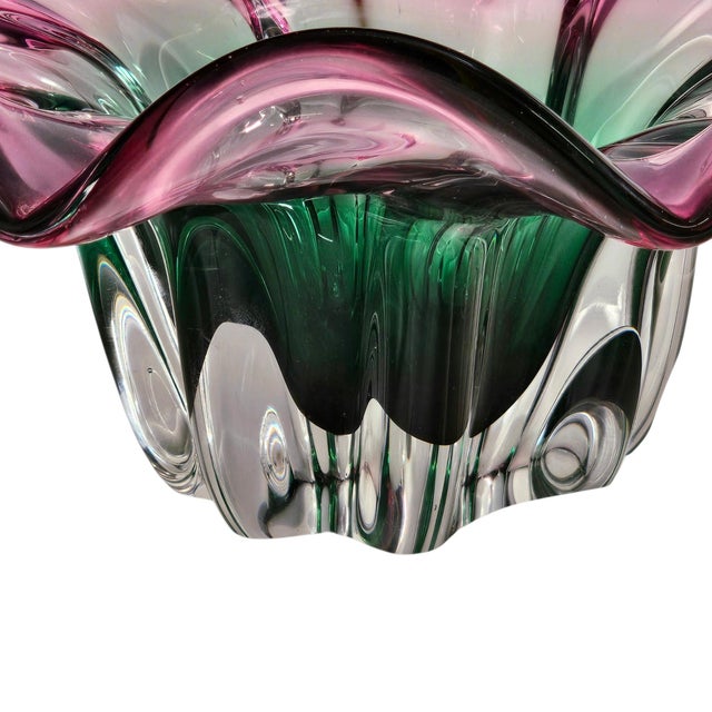 Murano Style Sommerso Art Glass Ruffled Centerpiece Bowl Pink Green 20" For Sale - Image 16 of 17