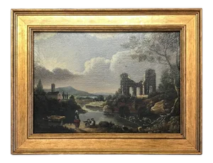 Mid 19th Century “Ruins” European Architectural Ruins with Landscape Oil Painting, Framed