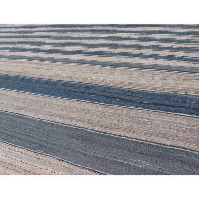 Flat-Weave Kilim Blue Rug by Keivan Woven Arts, Striped Design 8'8 X 12'0 For Sale - Image 10 of 12