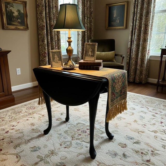 Mid 20th Century Queen Anne Drop Leaf Table-Black Painted-Side-Accent-Farmhouse-Small-End-Entry For Sale - Image 6 of 10
