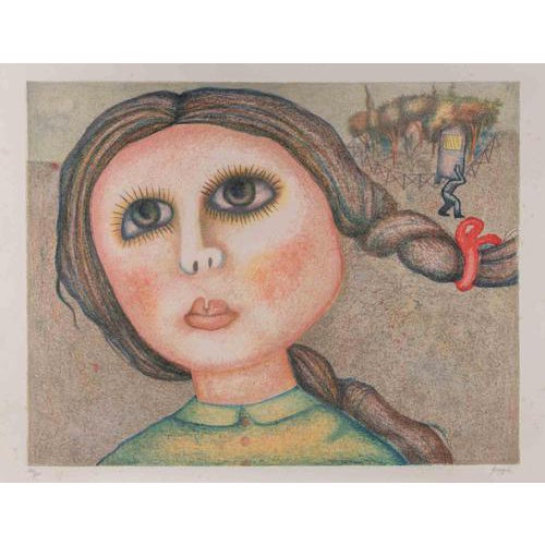 Enrico Benaglia, Portrait of a Girl, 1980s, Lithograph For Sale