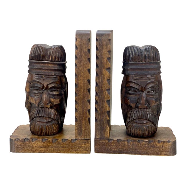 Mid-Century Carved Wood Figural Tiki Bookends - a Pair For Sale