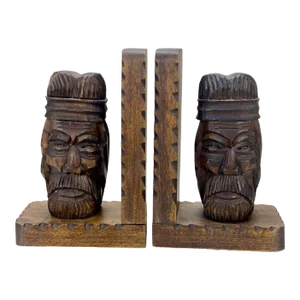 Mid-Century Carved Wood Figural Tiki Bookends - a Pair