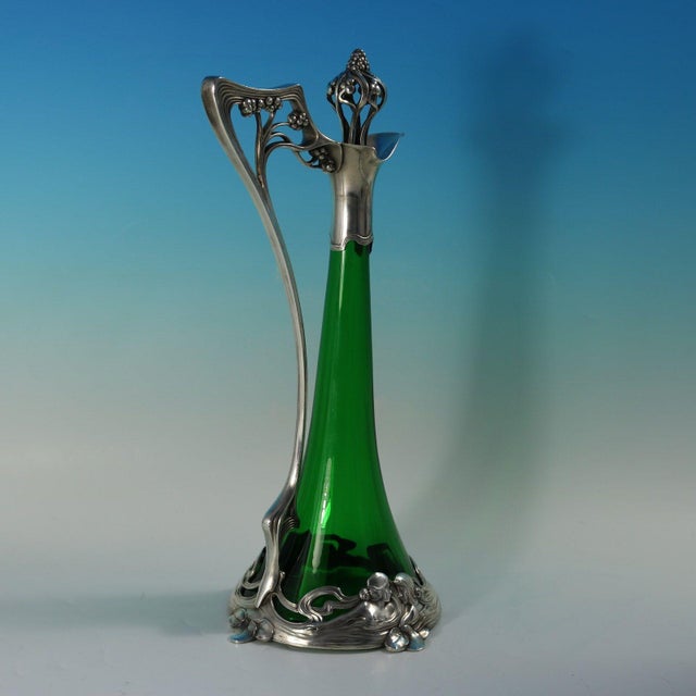 Art Nouveau WMF Claret Jug and Stopper With Green Glass Liner For Sale - Image 4 of 15