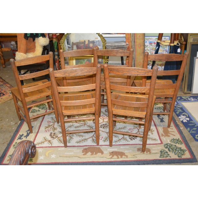 Vintage Set X 6 English Oak Tavern Slatted / Shaped Seat Ladder Back Dining Chairs For Sale - Image 14 of 16