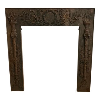 Wreath & Torch Motif Cast Iron Fireplace Surround For Sale