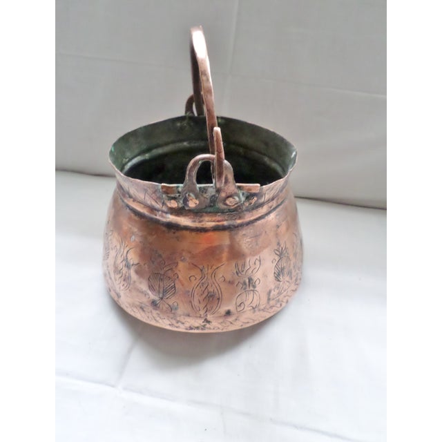 19th Century Antique Middle Eastern Engraved Copper Pot With Handle and Sprout For Sale - Image 5 of 7