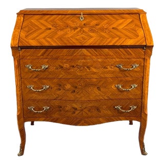 19th Century Louis XV Drop-Front Secretary Desk in Veneered and Inlaid Wood, 1890s For Sale