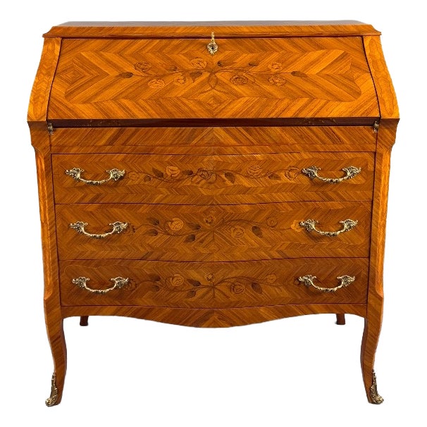 19th Century Louis XV Drop-Front Secretary Desk in Veneered and Inlaid Wood, 1890s For Sale
